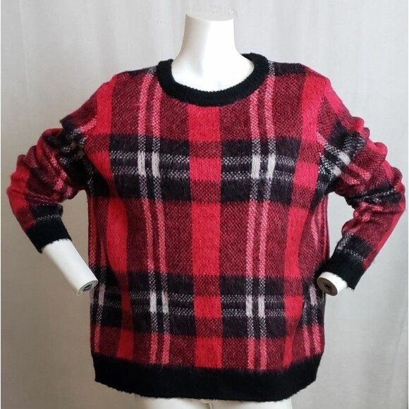 Forever 21 Womens Sweater Pullover Red Black Plaid 2X Cozy Christmas Holiday - Picture 1 of 4